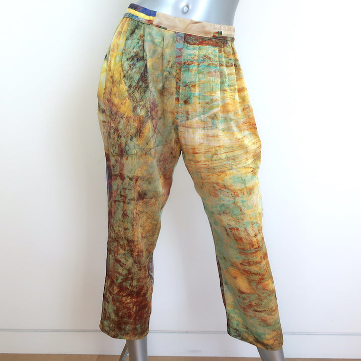 Carmen Molina Matching Blouse &amp; Pants Set Yellow Printed Silk Size Small/Medium