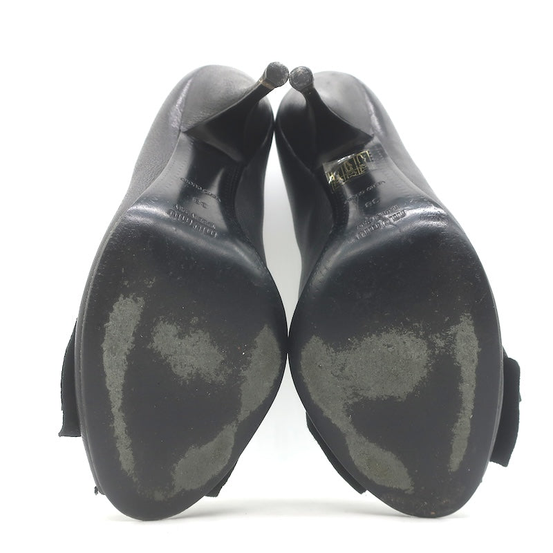 Miu Miu Peep Toe Bow Pumps Black Pebbled Leather Size 38