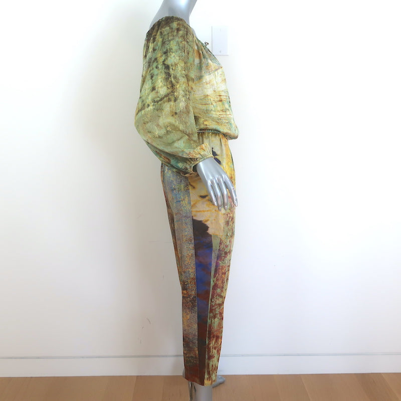 Carmen Molina Matching Blouse &amp; Pants Set Yellow Printed Silk Size Small/Medium