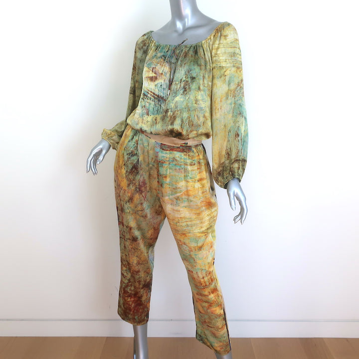 Carmen Molina Matching Blouse &amp; Pants Set Yellow Printed Silk Size Small/Medium