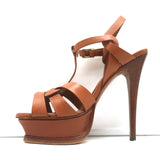 Yves Saint Laurent Tribute Wood-Effect Platform Sandals Brown Leather Size 36