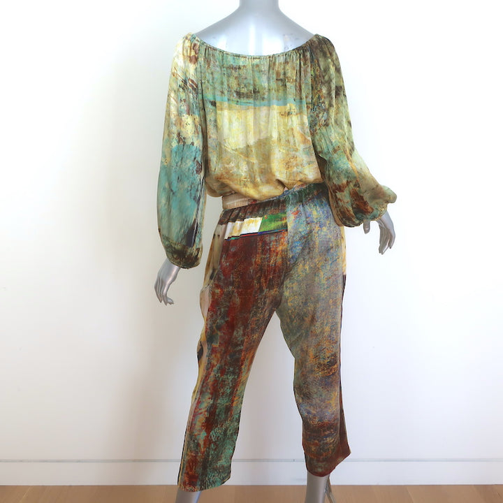 Carmen Molina Matching Blouse &amp; Pants Set Yellow Printed Silk Size Small/Medium