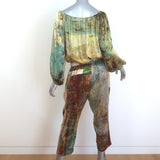 Carmen Molina Matching Blouse & Pants Set Yellow Printed Silk Size Small/Medium