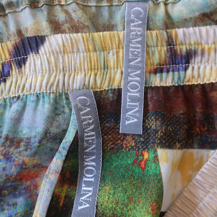 Carmen Molina Matching Blouse &amp; Pants Set Yellow Printed Silk Size Small/Medium