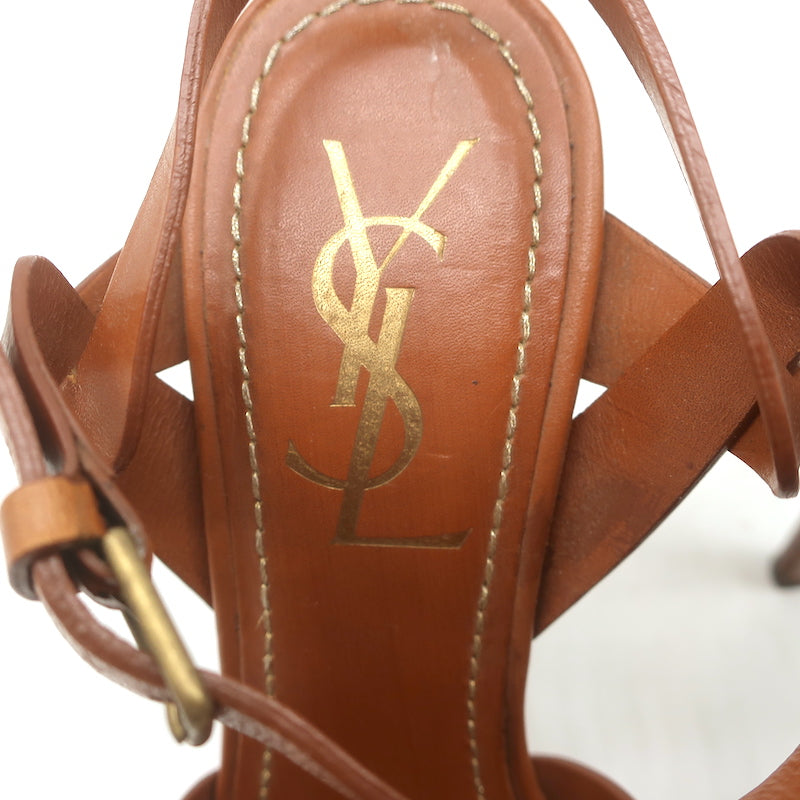 Yves Saint Laurent Tribute Wood-Effect Platform Sandals Brown Leather Size 36