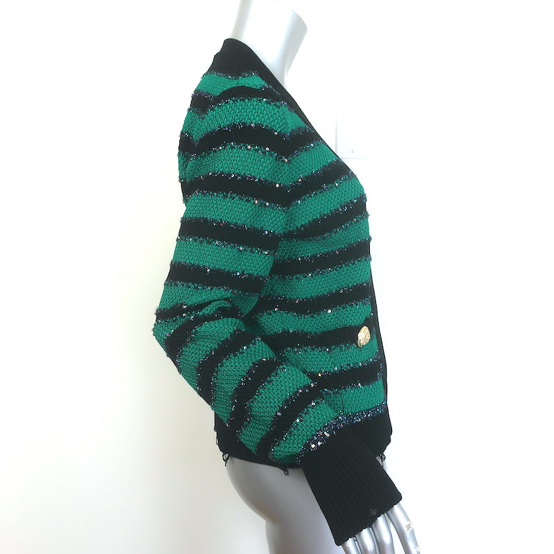 Balmain Sequin-Embellished Striped Distressed Knit Cardigan Green/Black Size 42