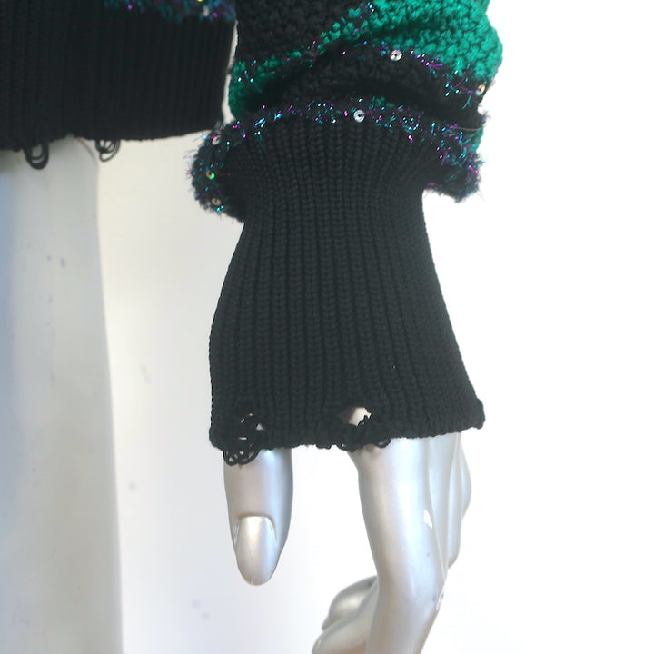 Balmain Sequin-Embellished Striped Distressed Knit Cardigan Green/Black Size 42