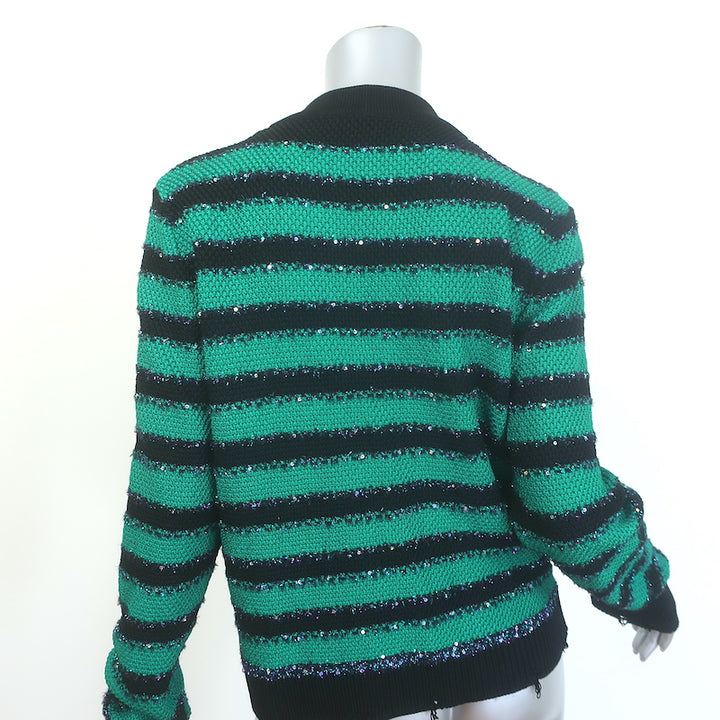 Balmain Sequin-Embellished Striped Distressed Knit Cardigan Green/Black Size 42