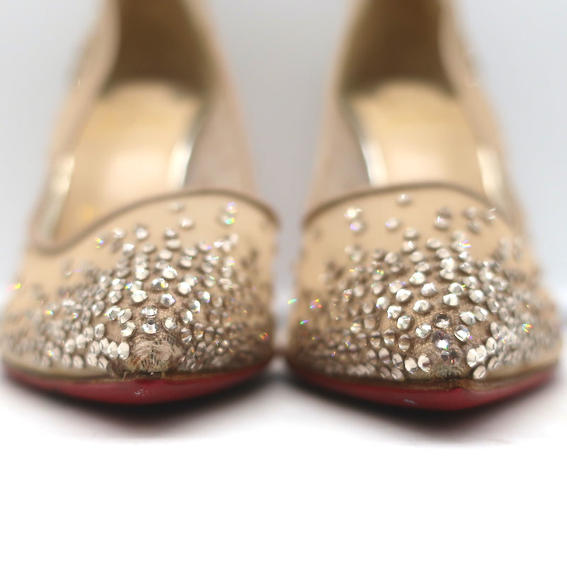 Christian Louboutin Follies Strass 100 Pumps Nude Mesh &amp; Gold Glitter Size 37
