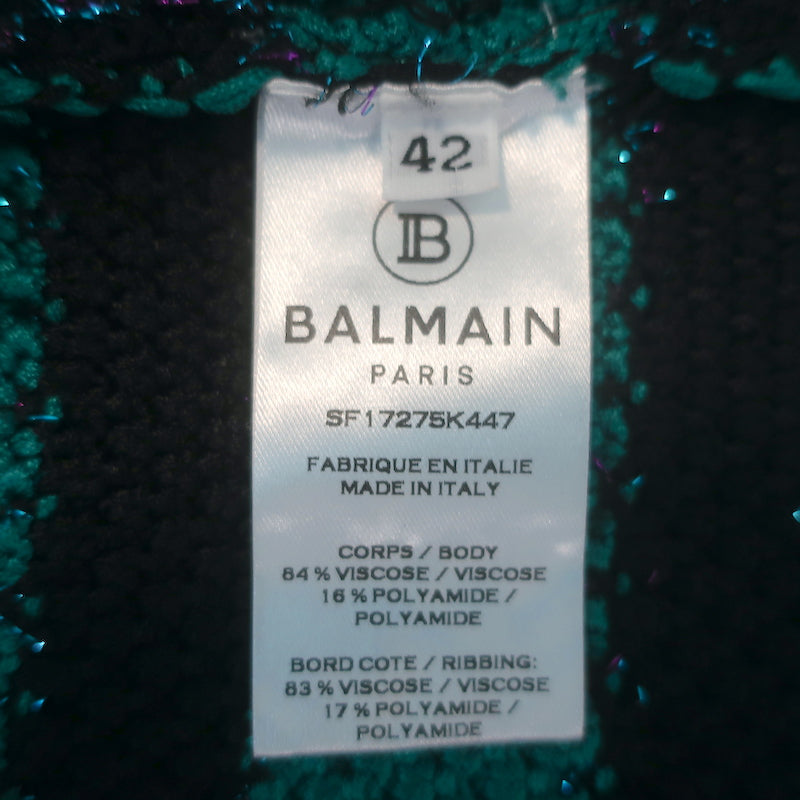 Balmain Sequin-Embellished Striped Distressed Knit Cardigan Green/Black Size 42