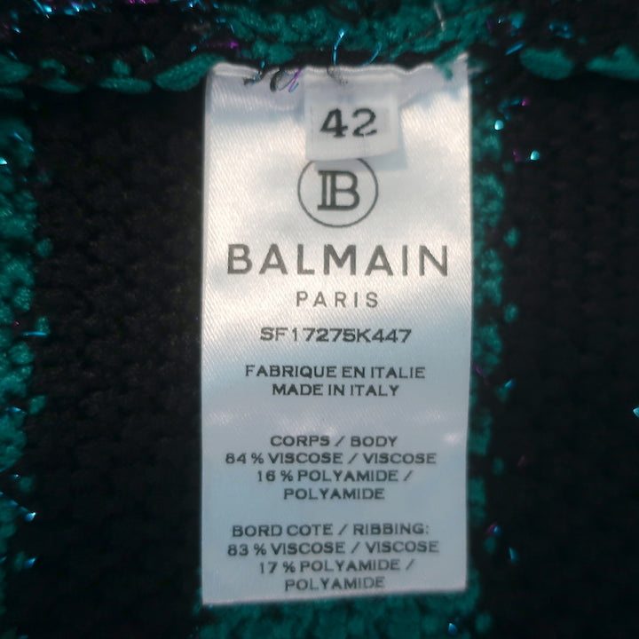 Balmain Sequin-Embellished Striped Distressed Knit Cardigan Green/Black Size 42