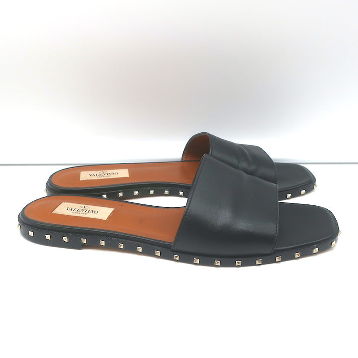 Valentino Soul Rockstud Flat Slide Sandals Black Leather Size 40