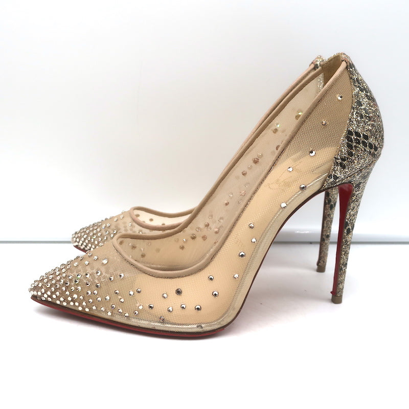 Christian Louboutin Follies Strass 100 Pumps Nude Mesh &amp; Gold Glitter Size 37