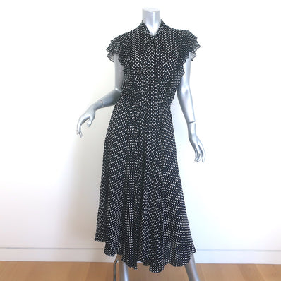 Michael Kors Polka Dot Tie-Neck Ruffled Midi Dress Black & White Silk Size 8