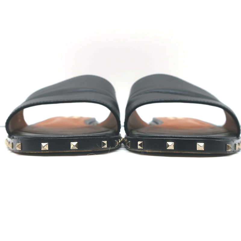 Valentino Soul Rockstud Flat Slide Sandals Black Leather Size 40