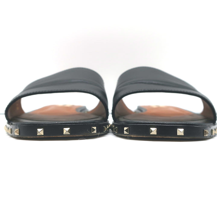 Valentino Soul Rockstud Flat Slide Sandals Black Leather Size 40