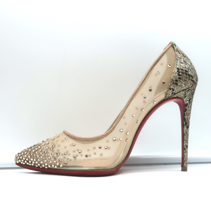 Christian Louboutin Follies Strass 100 Pumps Nude Mesh &amp; Gold Glitter Size 37