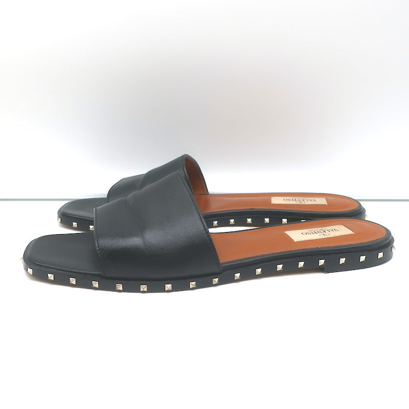 Valentino Soul Rockstud Flat Slide Sandals Black Leather Size 40
