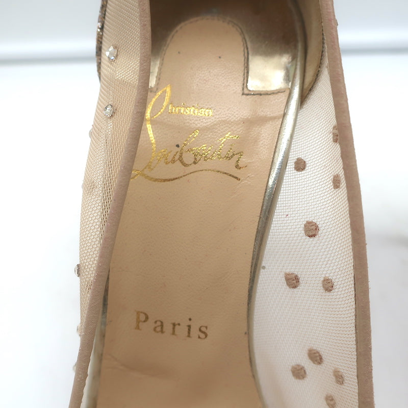 Christian Louboutin Follies Strass 100 Pumps Nude Mesh &amp; Gold Glitter Size 37