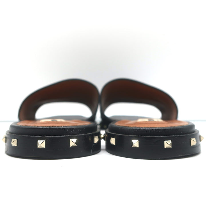 Valentino Soul Rockstud Flat Slide Sandals Black Leather Size 40