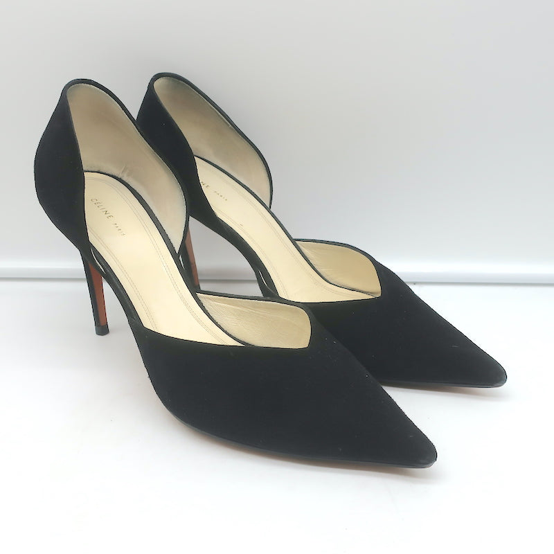 Celine D'Orsay Pumps Black Suede Size 38.5 Pointed Toe Heels
