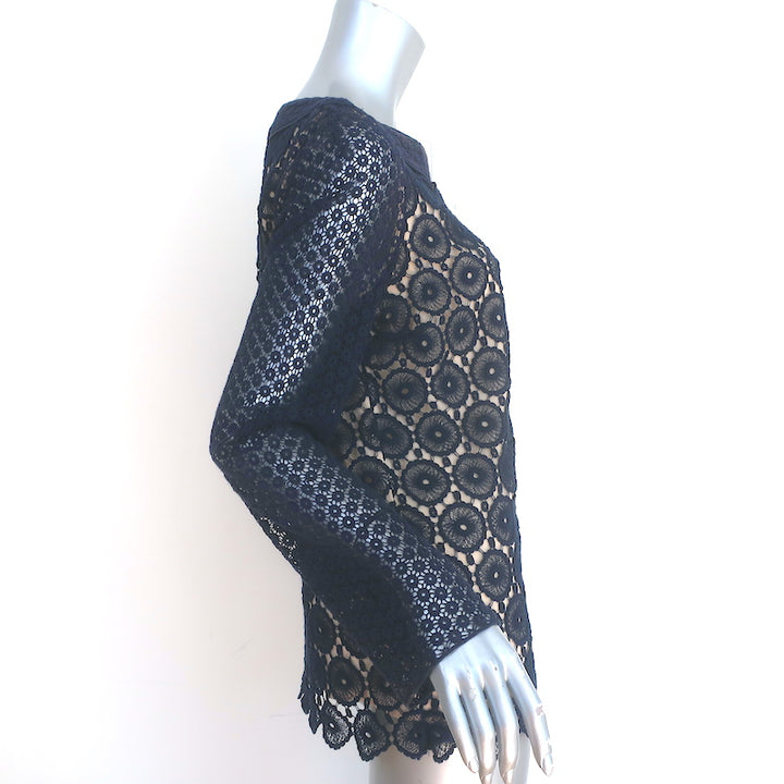 Tory Burch Janeen Crochet Lace Top Navy Size 6 Long Sleeve Blouse