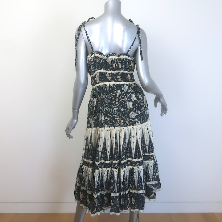 Ulla Johnson Indah Dress Tie-Strap Midi Dress Navy/Cream Floral Print Size 8 NEW