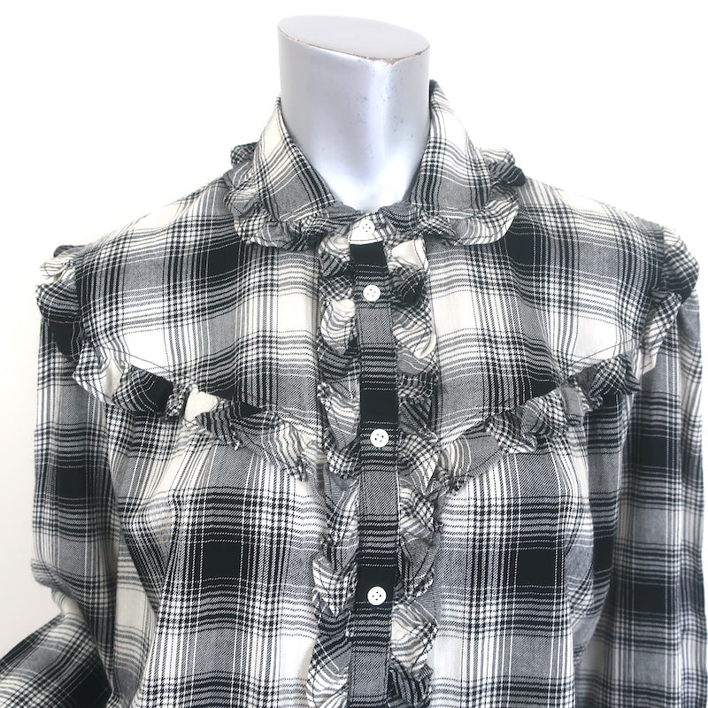 Polo Ralph Lauren Ruffle-Trim Plaid Western Shirt Black/Cream Size Medium NEW