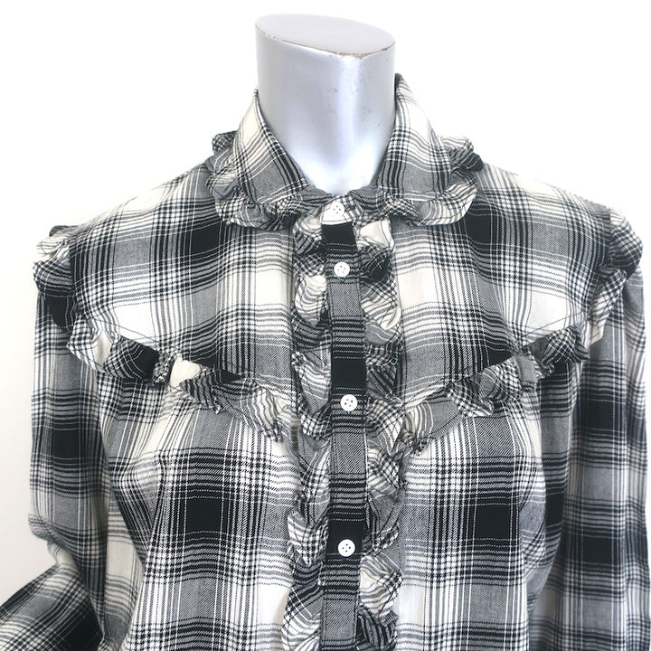 Polo Ralph Lauren Ruffle-Trim Plaid Western Shirt Black/Cream Size Medium NEW