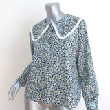 Maje Ruffled Collar Top Blue Floral Print Cotton Size 3 Long Sleeve Blouse