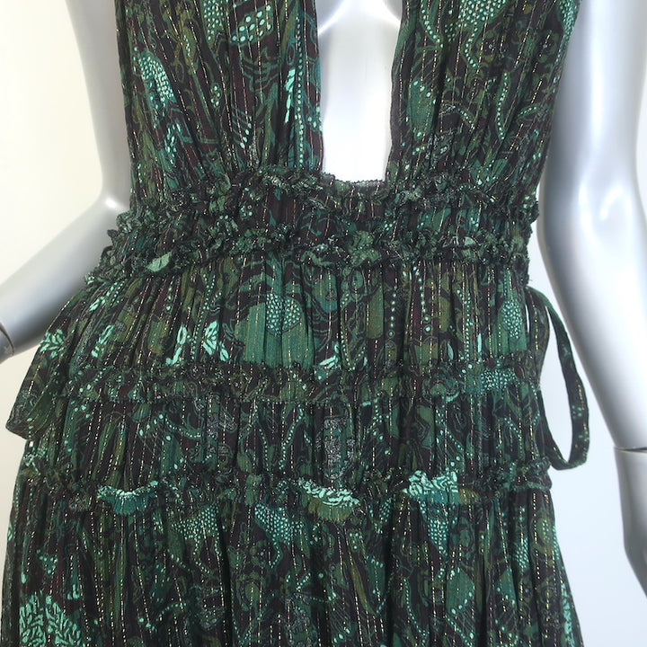 Ulla Johnson Fiona Tiered Tie-Back Printed Gown Dark Green Metallic Size 8 NEW