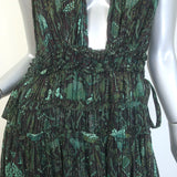 Ulla Johnson Fiona Tiered Tie-Back Printed Gown Dark Green Metallic Size 8 NEW