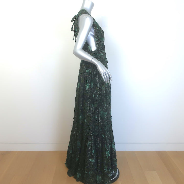 Ulla Johnson Fiona Tiered Tie-Back Printed Gown Dark Green Metallic Size 8 NEW