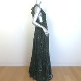 Ulla Johnson Fiona Tiered Tie-Back Printed Gown Dark Green Metallic Size 8 NEW