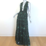 Ulla Johnson Fiona Tiered Tie-Back Printed Gown Dark Green Metallic Size 8 NEW