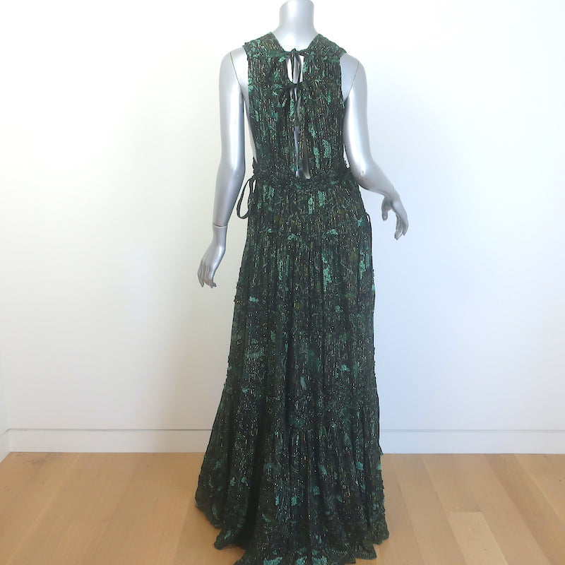 Ulla Johnson Fiona Tiered Tie-Back Printed Gown Dark Green Metallic Size 8 NEW