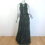 Ulla Johnson Fiona Tiered Tie-Back Printed Gown Dark Green Metallic Size 8 NEW