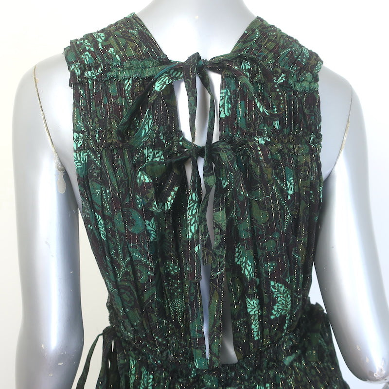 Ulla Johnson Fiona Tiered Tie-Back Printed Gown Dark Green Metallic Size 8 NEW