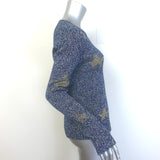 Valentino Star Intarsia Metallic Ribbed Knit Sweater Blue/Gold Size Large