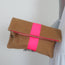 Clare V. Foldover Clutch Bag Camel Leather with Neon Pink Stripe
