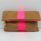Clare V. Foldover Clutch Bag Camel Leather with Neon Pink Stripe