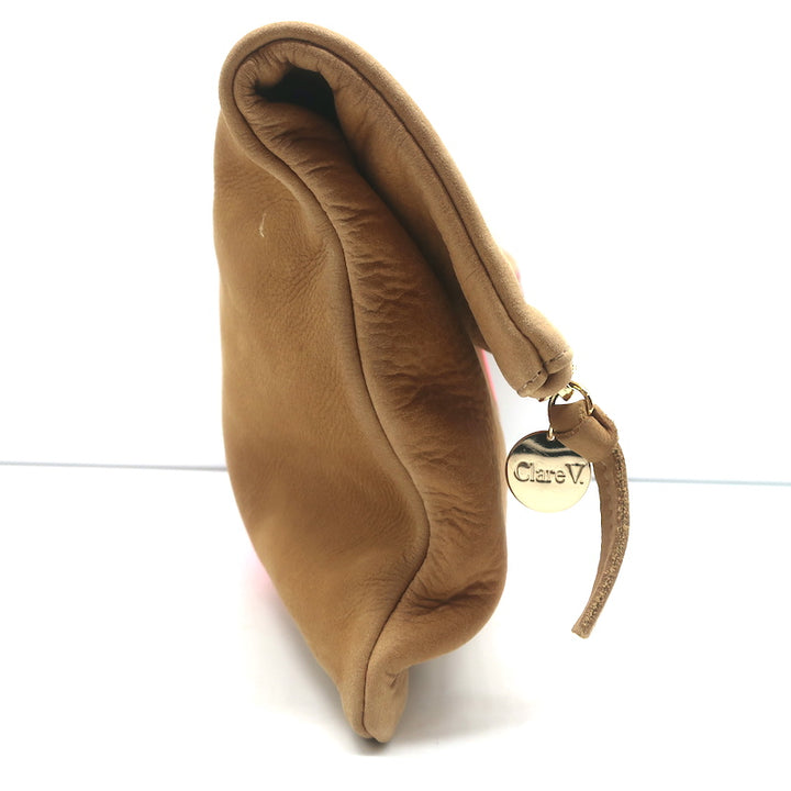 Clare V. Foldover Clutch Bag Camel Leather with Neon Pink Stripe