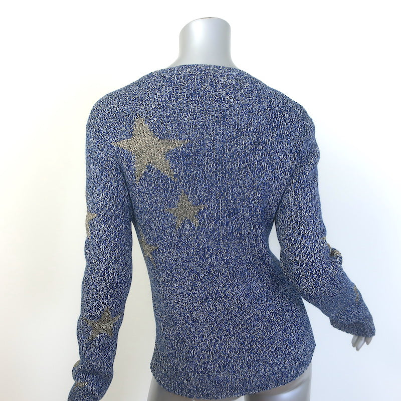Valentino Star Intarsia Metallic Ribbed Knit Sweater Blue/Gold Size Large