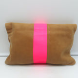 Clare V. Foldover Clutch Bag Camel Leather with Neon Pink Stripe