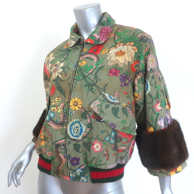 Gucci Flora Snake Mink-Cuff Denim Bomber Jacket Olive Size 38