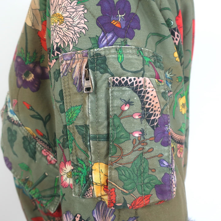 Gucci Flora Snake Mink-Cuff Denim Bomber Jacket Olive Size 38