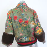 Gucci Flora Snake Mink-Cuff Denim Bomber Jacket Olive Size 38