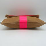 Clare V. Foldover Clutch Bag Camel Leather with Neon Pink Stripe