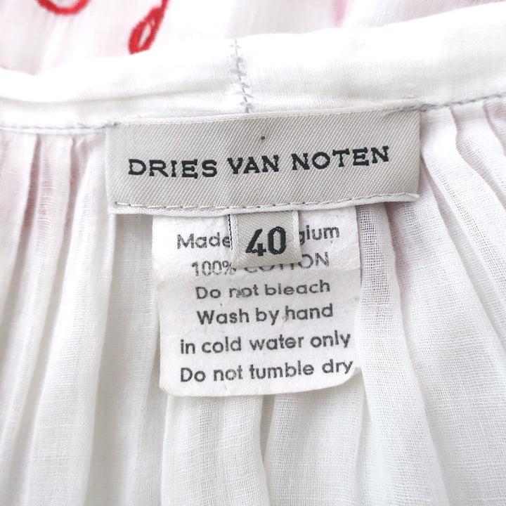 Dries Van Noten Tie-Neck Blouse White/Red Embroidered Cotton Size 40