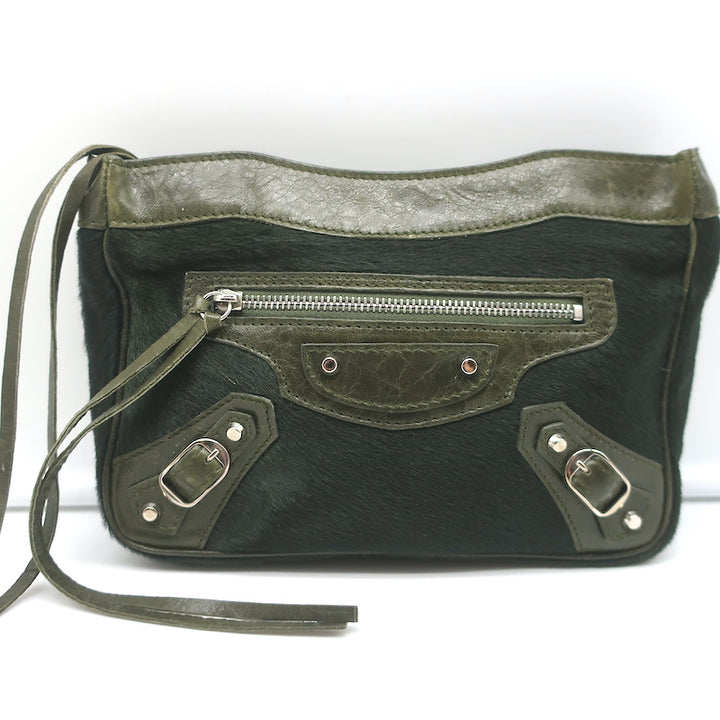 Balenciaga City Pouch Olive Green Calf Hair &amp; Leather Mini Clutch Bag